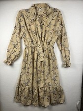 Beautiful Women’s Beige Floral Print Long Sleeve Tie Neck Ruffle Midi Dress S