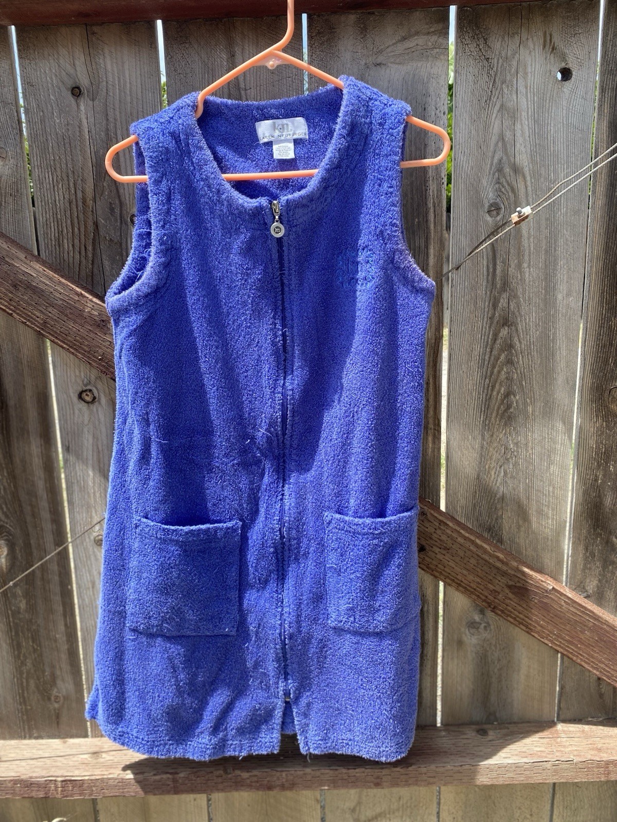 Karen Neuburger Terry Robe M Blue Sleeveless Zip Front Pockets 100% Cotton