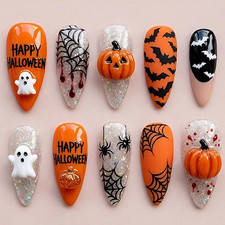 Halloween Press on Nails Medium Almond Fake Nails with 3D Pumpkin Glitter Spider