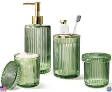 Green Glass Bathroom Accessories Set 4 Pcs - Soap Dispenser, Toothbrush Holder