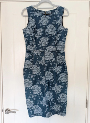 Women's Phase Eight Denim Dress Floral Fitted Smart Formal Occasion UK 10 VGC