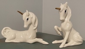 Set Of 2 Enesco Unicorn Figurine Vintage Sitting White Porcelain Gold Horn