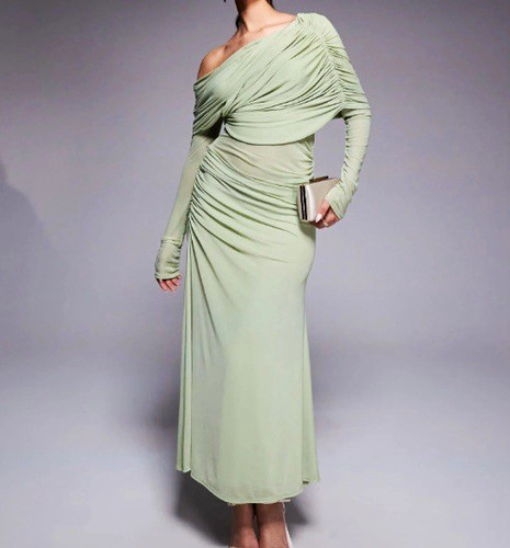 ASOS DESIGN Green One Shoulder Ruched Mesh Long Sleeve Midi Dress Size UK 8-10