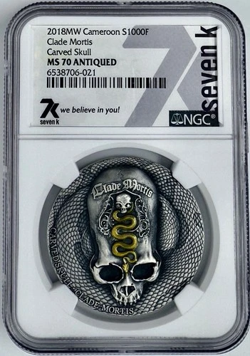 Clade Mortis Carved Skull 2018 MW Cameroon 1 oz Silver Coin NGC MS 70 Antiqued