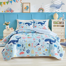 Ocean Blue Cotton Quilt Set for Kids - 3 Pieces Full/Queen Size 90x90 Inches