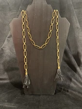 Isabel Marant Brass Scarf Lariat Necklace w/ Black Tassels & Nameplate @55” Used