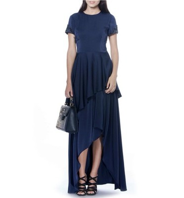 Navy Blue Hi-Low Gown with Beaded Short Sleeves, Formal Round Neck Dress | eBay Navy Blue Hi-Low Gown with Beaded Short Sleeves, Formal Round Neck Dress | eBay