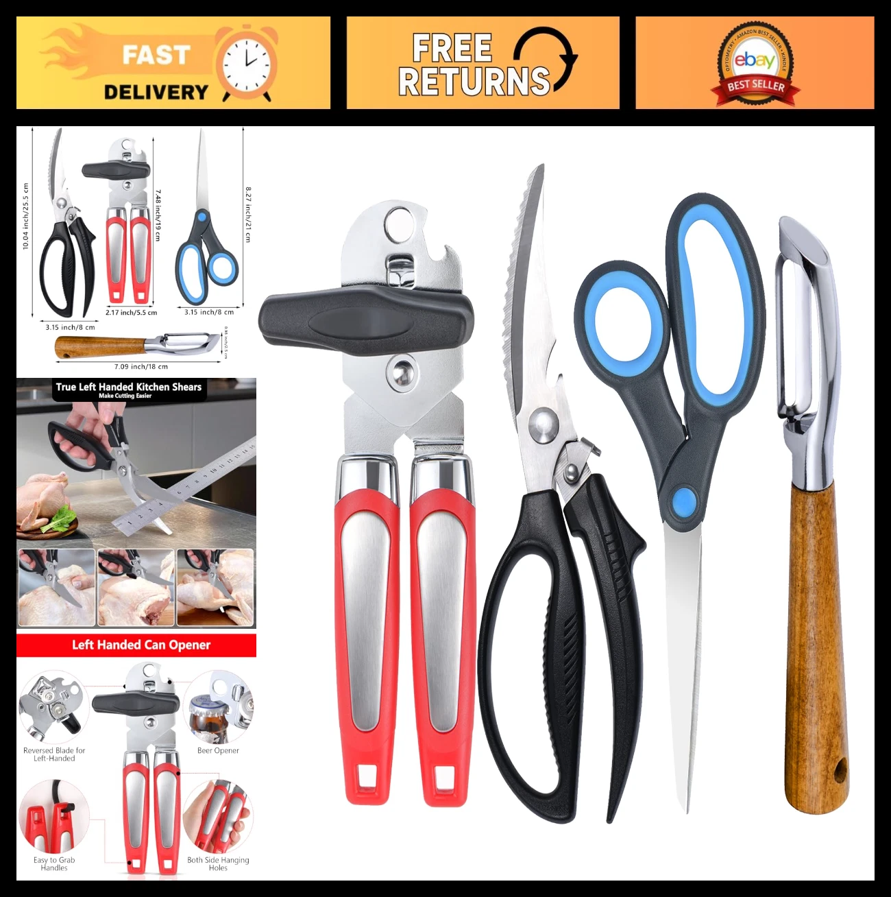 Left-Handed Kitchen Scissors, Poultry Shears & Can Opener Set - 4-in-1 Utensils