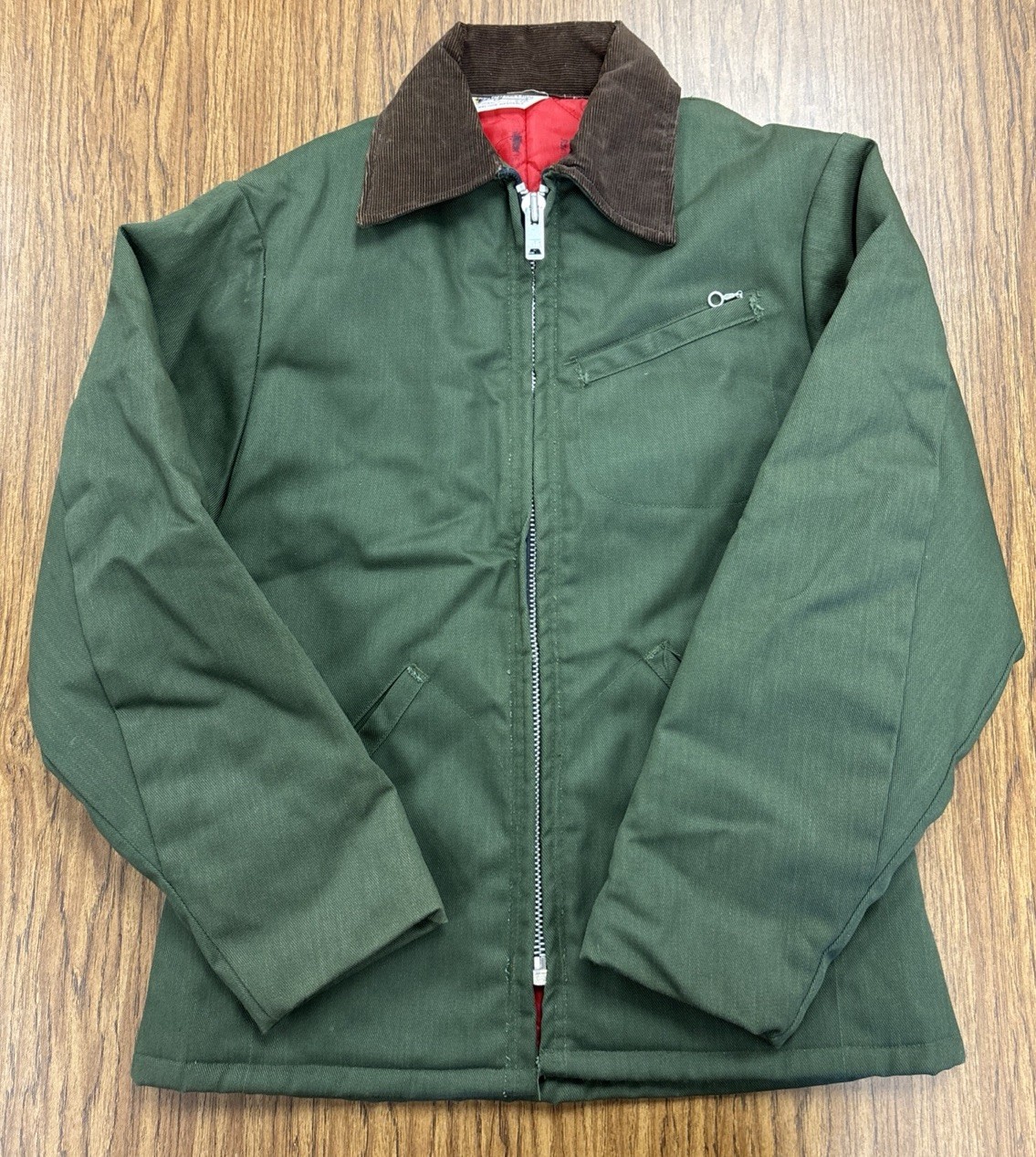 Vintage Key Imperial Green Work Jacket Zip Front Brown Corduroy Collar NEW