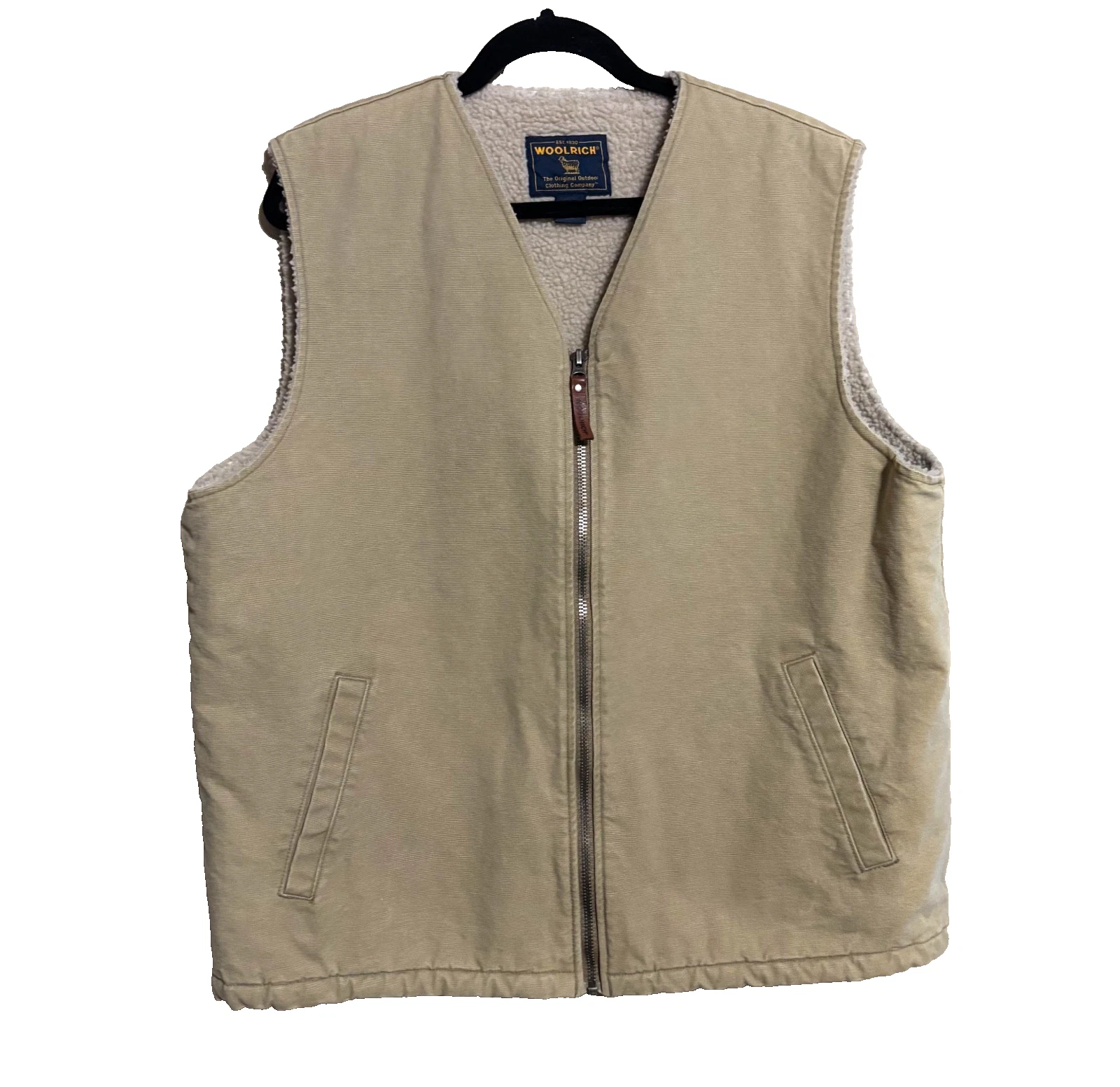 Woolrich Vest Mens Large Dark Wheat Sherpa Lined Canvas Zip Front Workwear