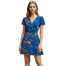 Parker Blue Silk Floral V-Neck Short Sleeve Ruffle Mini Dress XS Preowned
