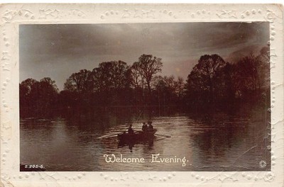 Landscape Nature Welcome Evening Boat Lake Night RPPC postcard C404