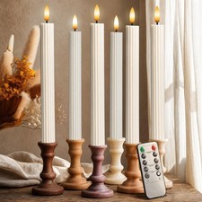 6 Pack, 10" LED Flameless Cream Beige Fluted Ribbed Grooved Taper Candles, Re...