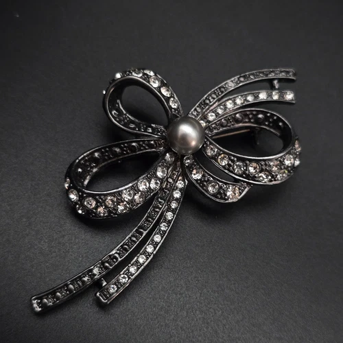 Black Metal Bow Brooch Rhinestones Faux Pearl Vintage Costume Jewelry