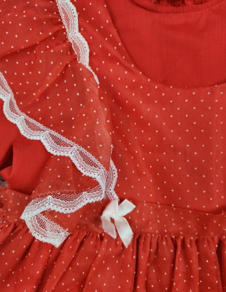 Vestido Delantal Rojo Bryan Años 80 Vintage 6X - Falda con Volantes Superposición de Encaje Foto 4 de 4