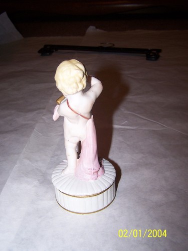Vintage Angel Porcelain Trinket box 2 1/2" round x 6" tall, porcelain flowers - Picture 2 of 4