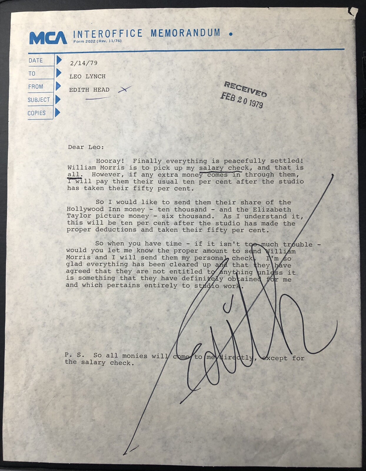 Designer Edith head signed MCA interoffice memorandum | eBay