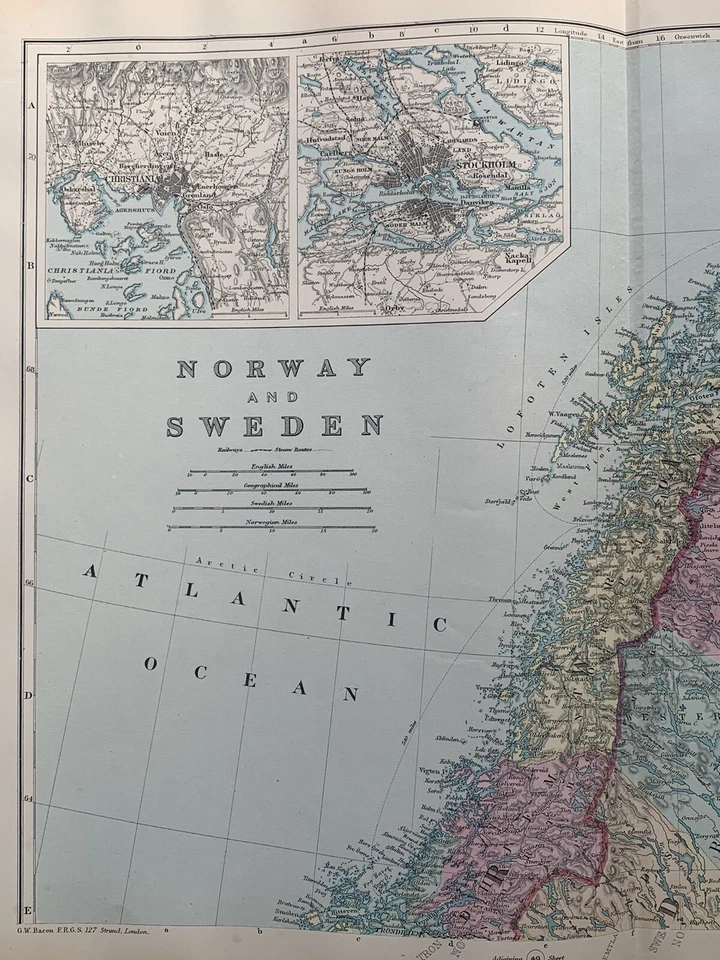 Mapa antiguo original coloreado a mano del norte de Noruega y Suecia de 1891 de G.W. Tocino Foto 2 de 4