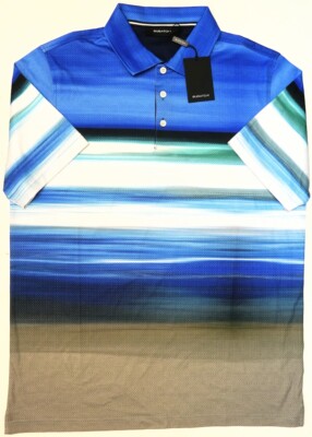 Bugatchi Mens Polo Shirt Short Sleeve Ocean Blue White Brown Stripe $129