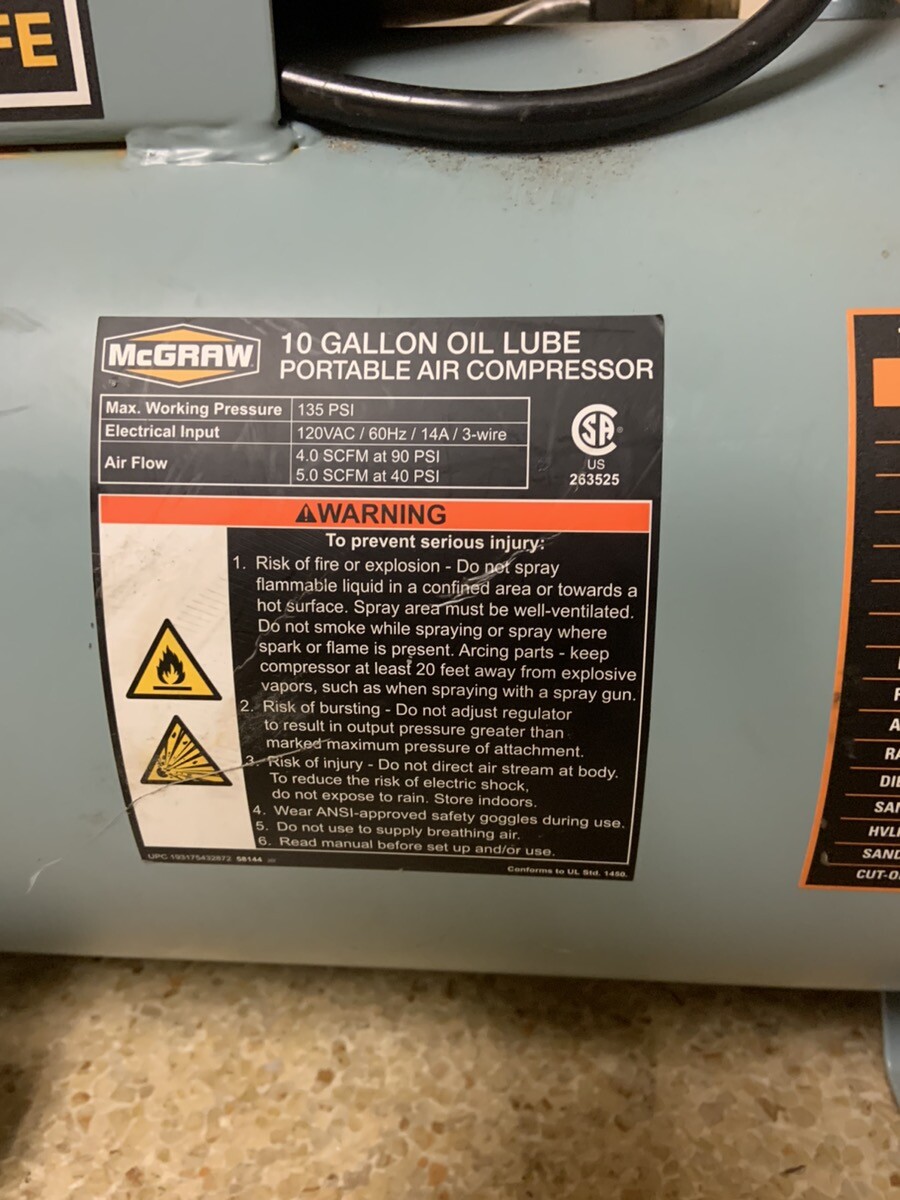 McGraw 10 Gallon Oil Lube Portable Compressor *Local Pickup* eBay