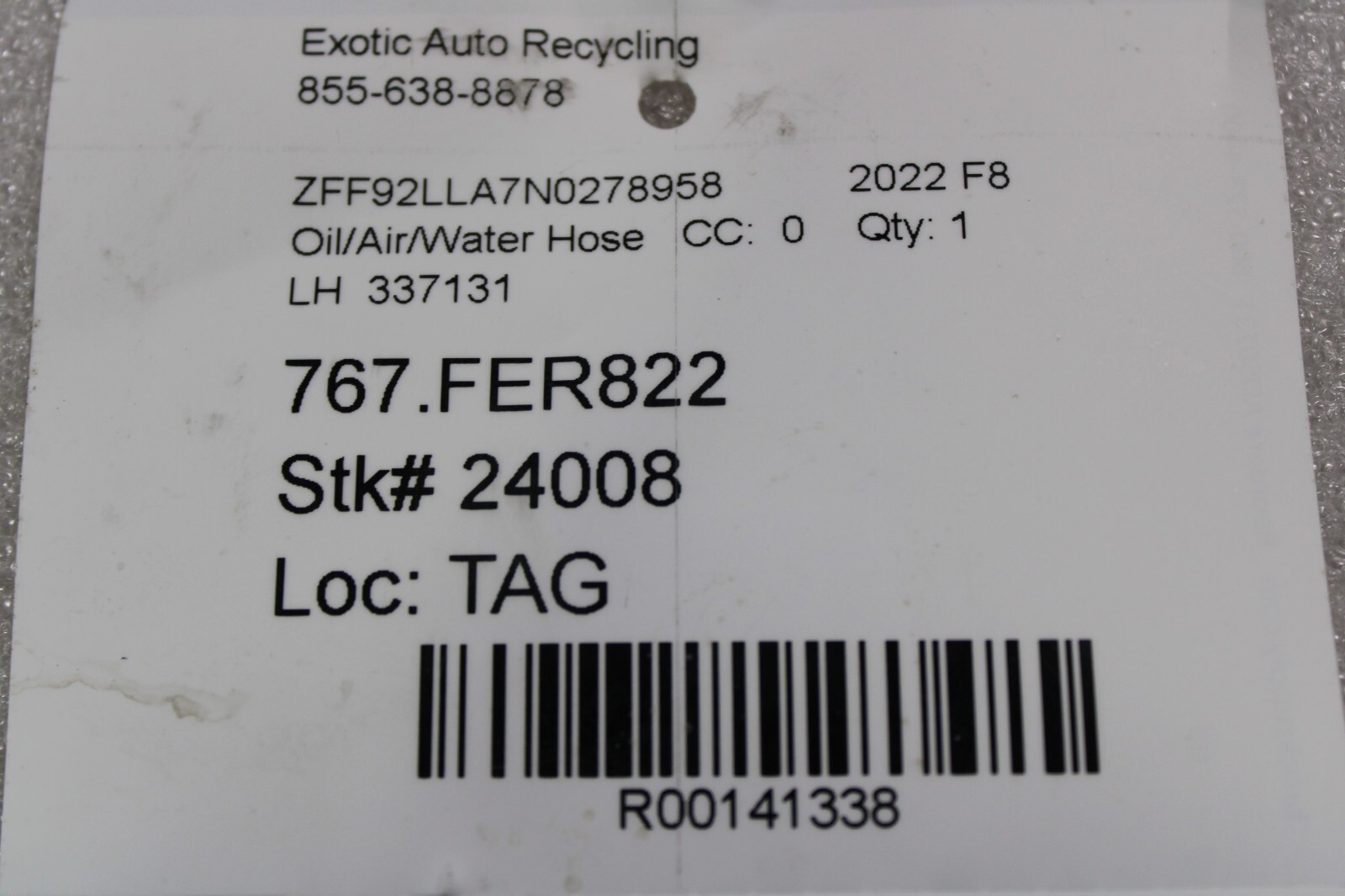 Ferrari F8 Tributo, 488, Oil Delivery Hose, Used, P/N 337131
