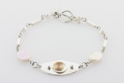 J&I Co Nautical Sterling Silver 925 Gold Swirl Pearl & Bar Link Bracelet 8.75''