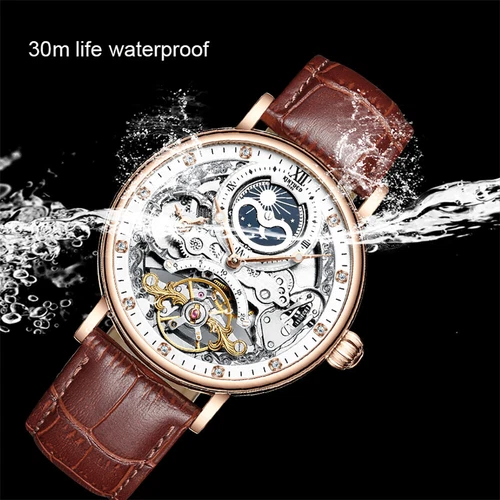 KINYUED Skelett Tourbillon Mondphase Mechanische Uhr Luxus Herren Diamant Uhr - Bild 8 von 22