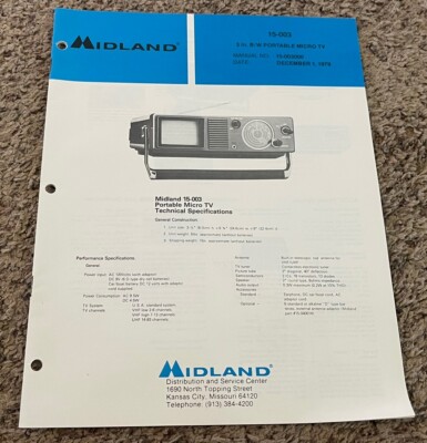 OEM 1979 Midland 3” B&W Portable Micro Television Service Manual