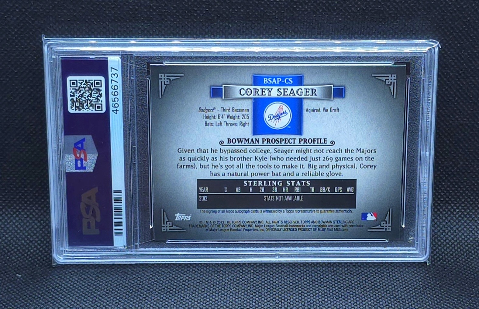 2012 Bowman Sterling COREY SEAGER PSA 10 Auto Dodgers #BSAP-CS view 2