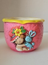 Vtg Kitsch Ceramic Planter Pink Girl Baby Bunny Retro
