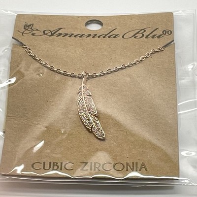 Amanda Blu Rose Gold Feather Necklace Cubic Zirconia CZ Pendant New Sealed