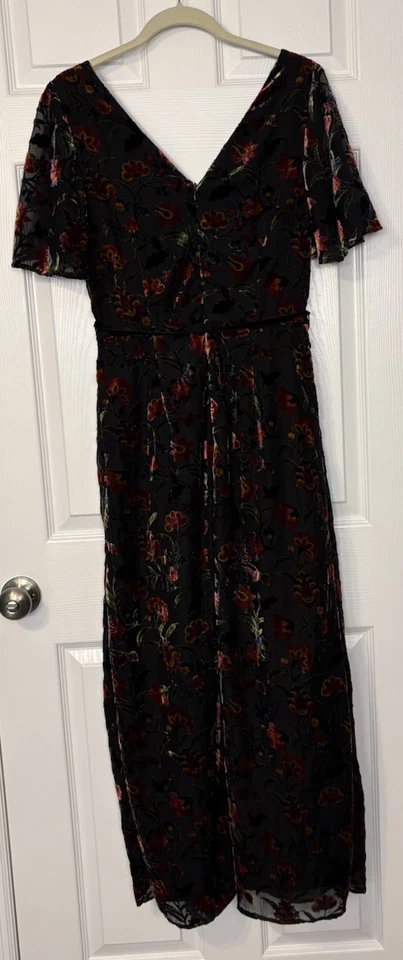 ModCloth Dress Size 2 Black Velvet Burnout Multicolor Floral Long Slit Y2K 90’s - Image 2 of 4