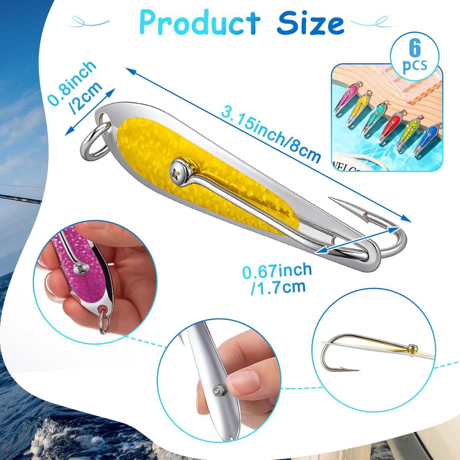 6 Pack Saltwater Fishing Spoons, 3 Inches Trolling Lures with Welded O-Ring 3... - Image 2