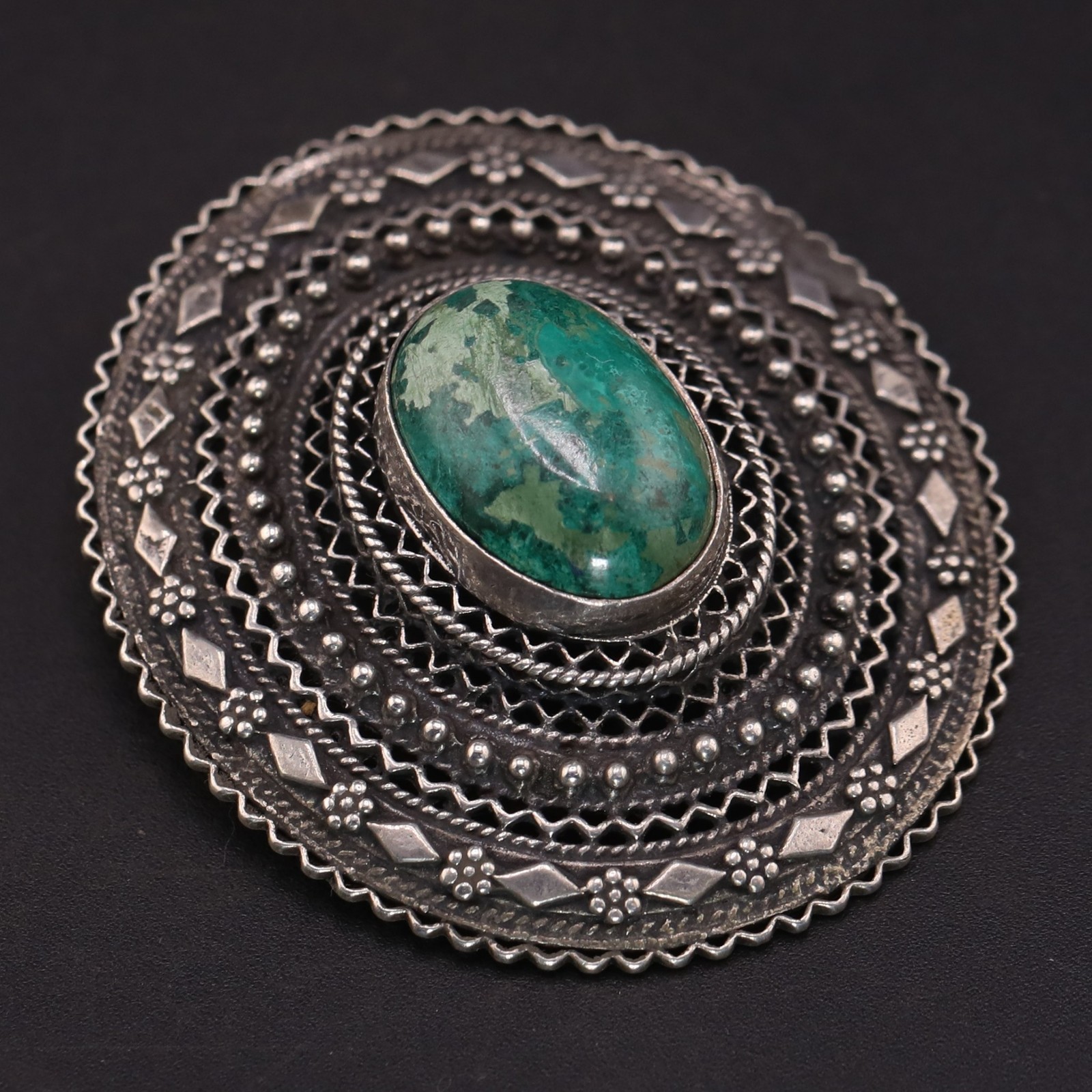 VTG Sterling Silver - ISRAEL Eilat Cabochon Filigree Necklace Pendant - 14g