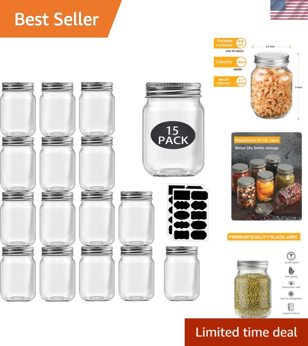 Bulk Set of 15 Dishwasher-Safe 16oz Glass Jars with Airtight Lids & Labels