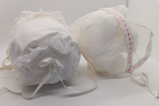 Baby Bonnet Lot With Flaws Antique Mesh Pink White Lace Ribbon 2 Doll Hats  3