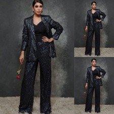 Black Sequined Women Suits Slim Fit Prom Party Jacket Ladies Outfit Dinner Coat