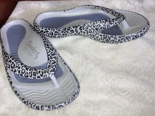 Tony Little Health Sandals Cheeks Leopard Print Flip Flops Black White Women’s 6