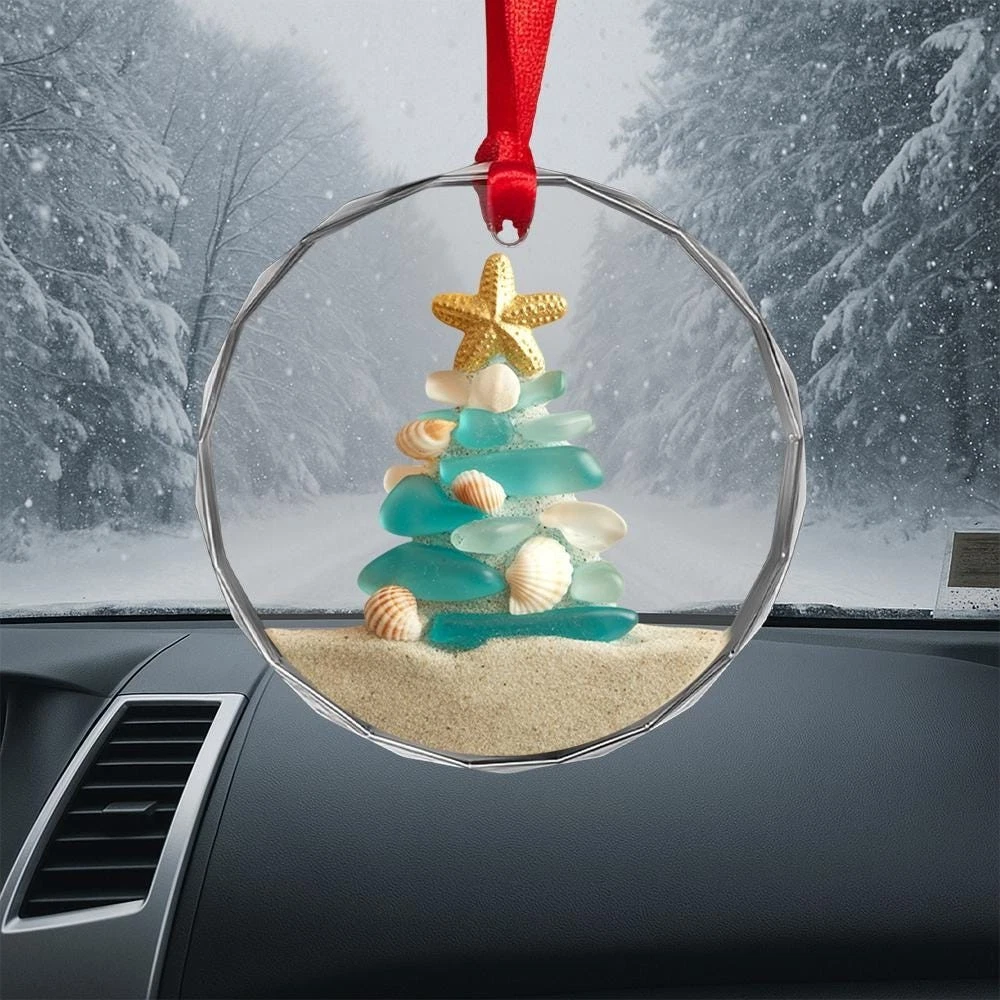 Beach-Inspired Glass Ornament with Sea Glass and Shells for Christmas Tree