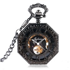 Vintage Style Steampunk Skeleton Mechanical Pocket Watch Windup Black Watches