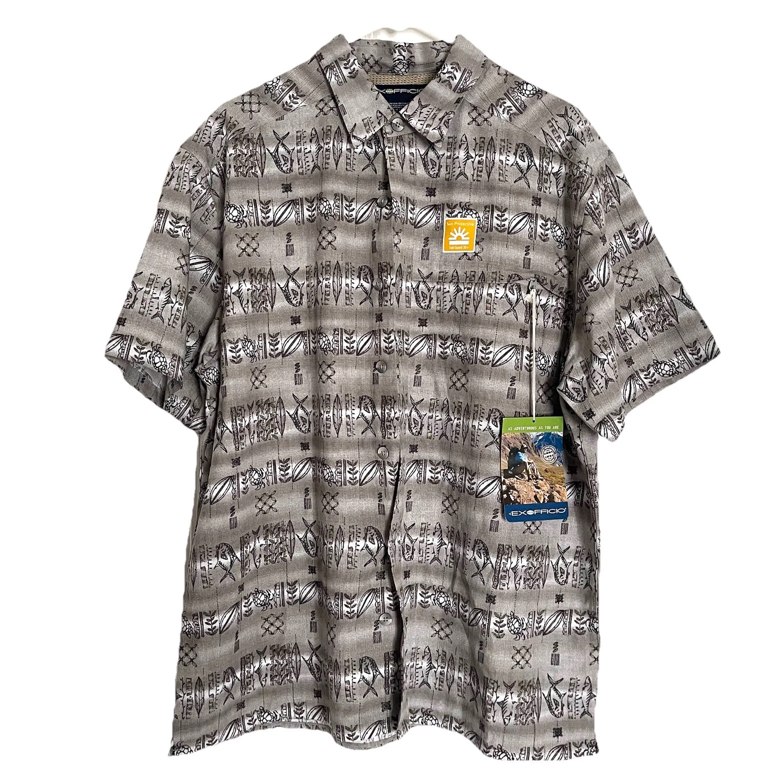 ExOfficio Men's Medium Short Sleeve Shirt Vented SPF 30 Fishing Fish Print NWT