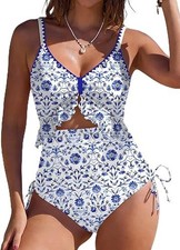  M Slimming One Piece Bathing Suit Blue  White Floral Ruffle Cutout Swimsuit