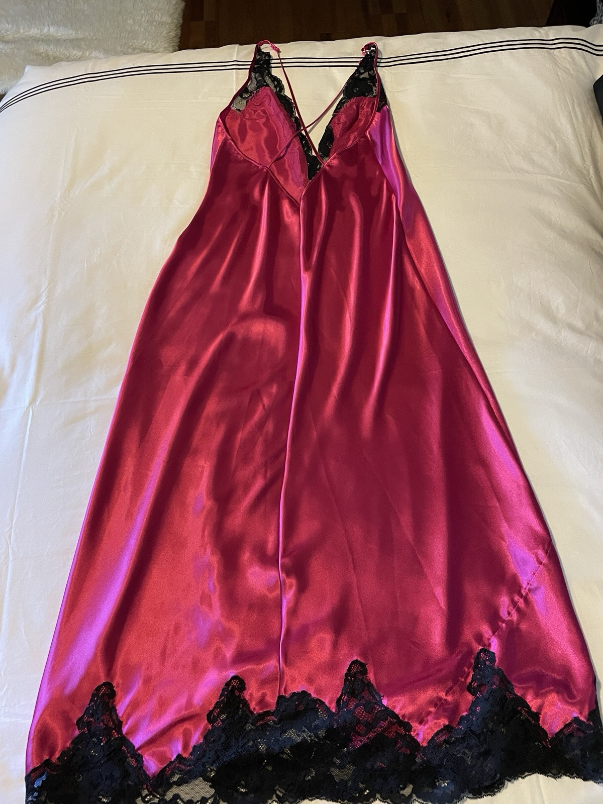 Y2K Victoria’s Secret Rare Satin Hot Pink Black Lace Maxi Gown Slip Dress M image 3
