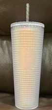 Starbucks 2022 Spring Soft Touch White Frosted Pearl Grid Iridescent Tumbler NEW