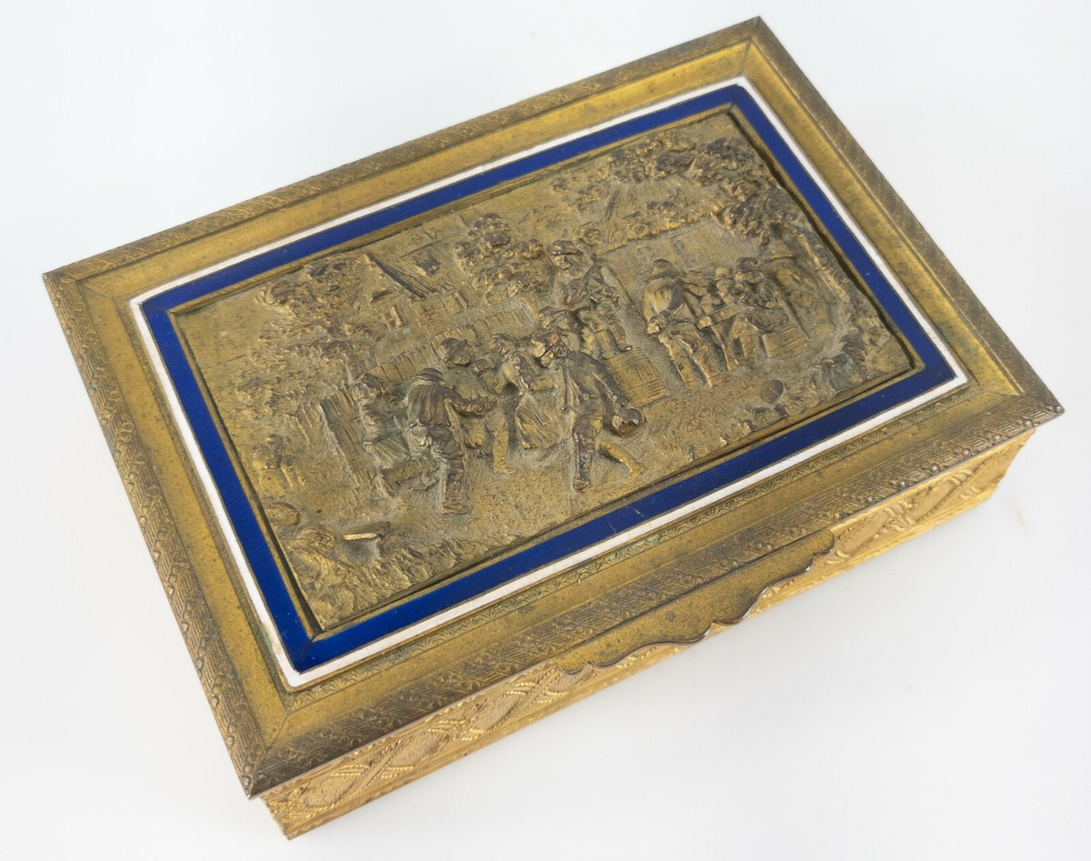Antique French Gilt Bronze Cigarette Dresser Trinket Box Repousse and  Enamel Top
