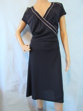 LOFT Size 12 Navy Blue with White Trim Cap Sleeve Jersey Fit & Flare Dress