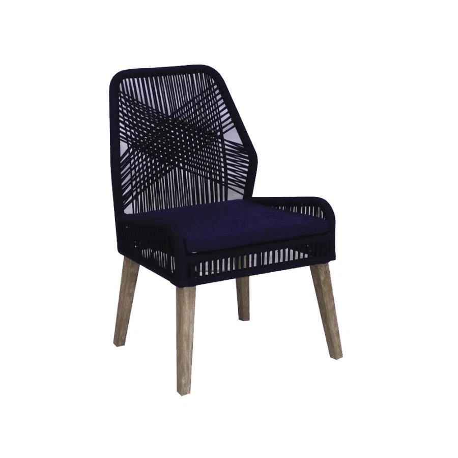 Woven Rope Back Dining Side Chair in Navy Blue Rope and Fabric (Set of 2)