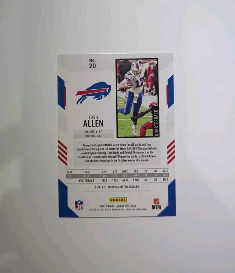 🦬 Josh Allen 2021 Panini Score Purple Border Foil Buffalo Bills #20  - Image 2 of 2