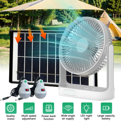 2025 New Rechargeable Fan With solar panel, 3 Speeds, LED light and 2 Free bulbs