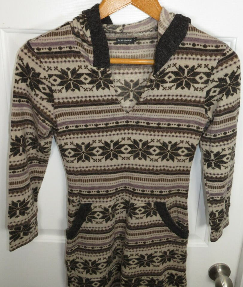 Earthbound Womens Sweater Dress Hooded Small Long Sleeve Brown Fair